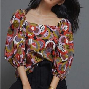 Anthropologie Porridge Orange Red Puff Sleeve Graphic Blouse Size small